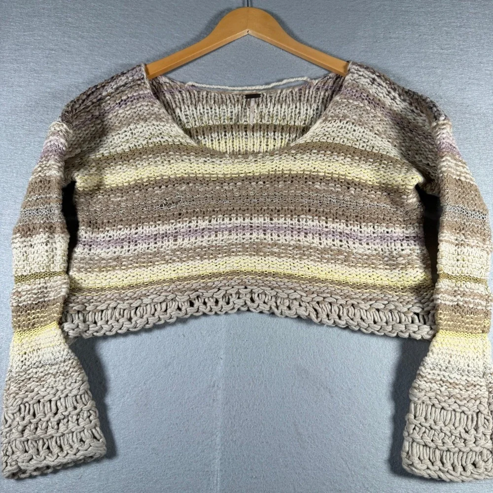 Free People Chunky Knit Striped Cropped Sweater Tan Cream Wool Blend S/P
